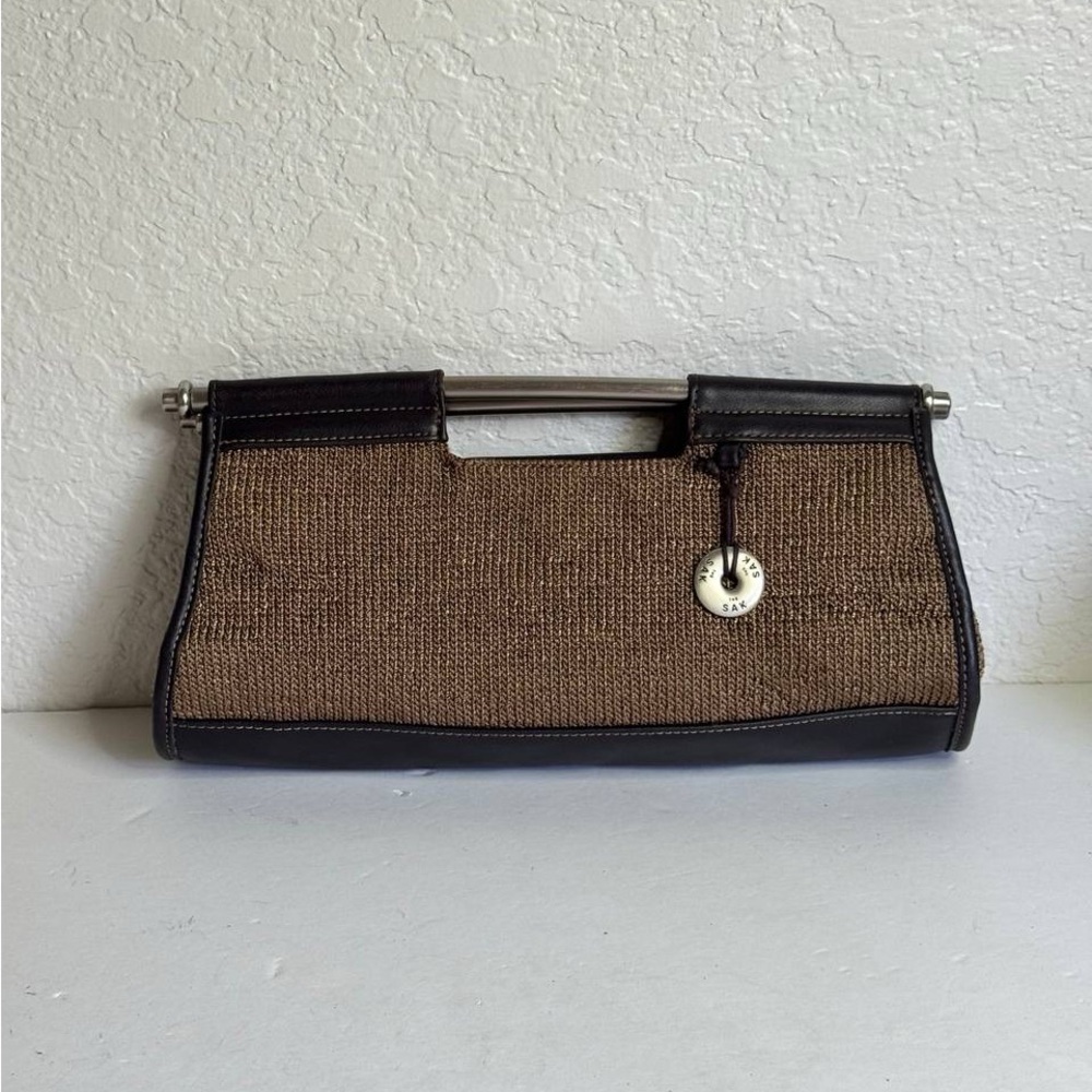 The Sak Tan And Brown Woven Small Handbag Metal Handles Cloth Clutch